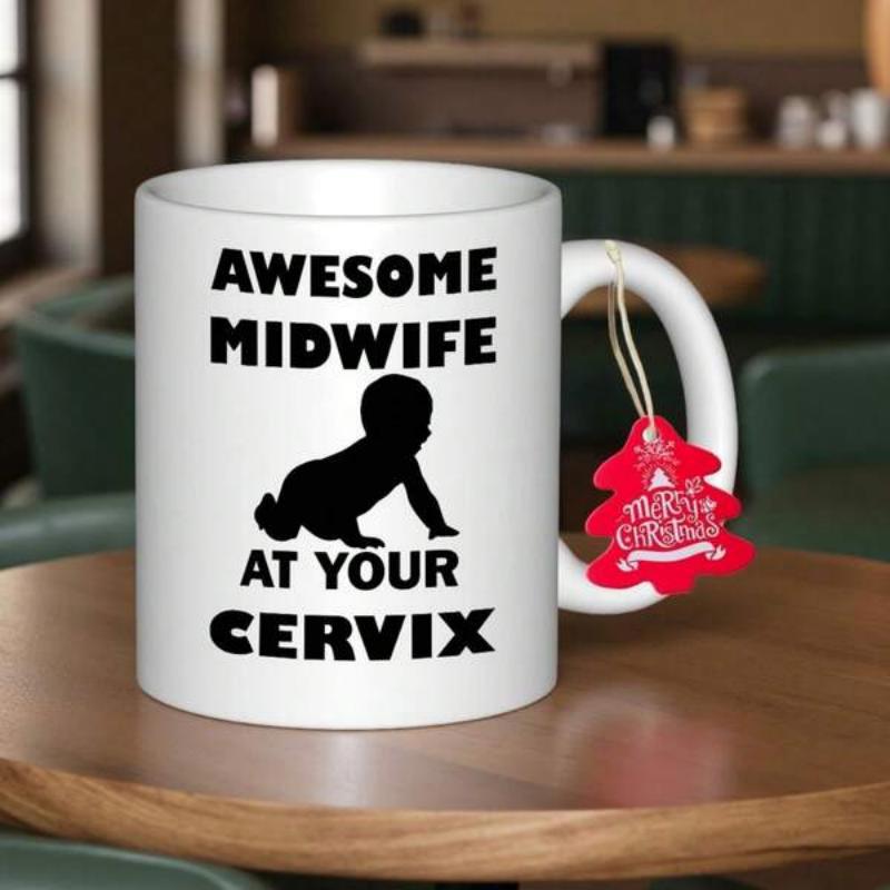 Tailorly White Ceramic 11 oz Mug - Awesome Midwife At Your Cervix Minimalist Black Silhouette Of A Small Crawling Infant In A Playful Motion Baby