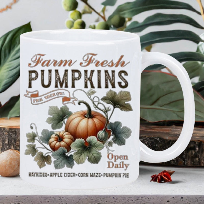Tailorly White Ceramic 11 oz Mug - Farm Fresh Pumpkins Open Daily Vintage Rustic Harvest Style With Detailed Orange Pumpkins And Green Leaves Pumpkin