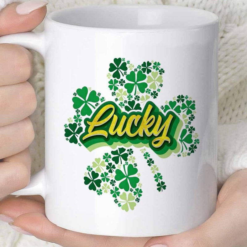 Tailorly White Ceramic 11 oz Mug - Lucky Mosaic Of Various Green Shamrocks Creating A Large Detailed Four Leaf Clover