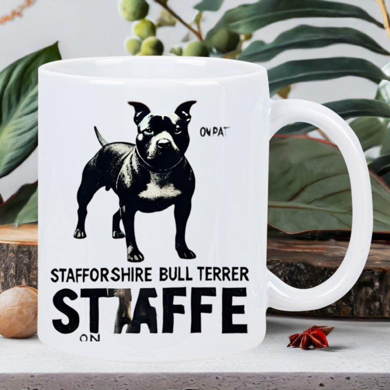 Tailorly White Ceramic 11 oz Mug - Staffordshire Bull Terrier Staffie Strong Muscular Pet Standing Confidently On A Clean White Background Dog