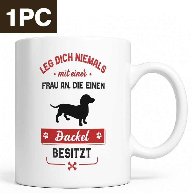 Tailorly White Ceramic 11 oz Mug - Silhouette Of A Standing Dog Among Decorative Red Banners And Paw Prints Dachshund