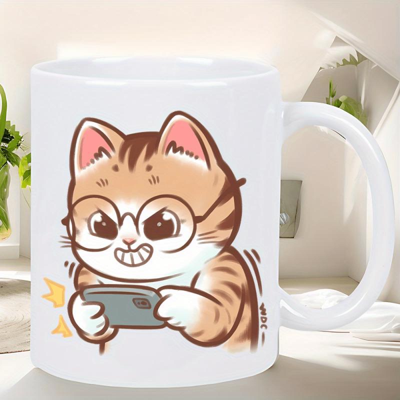 Tailorly White Ceramic 11 oz Mug - Adorable Ginger Tabby Wearing Glasses Playing On A Mobile Device Cat