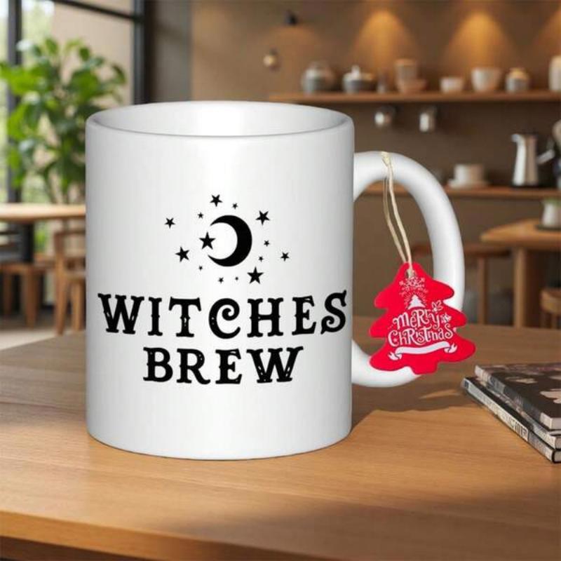 Tailorly White Ceramic 11 oz Mug - Witches Brew Mystical Night Sky Design With Stars And Crescent