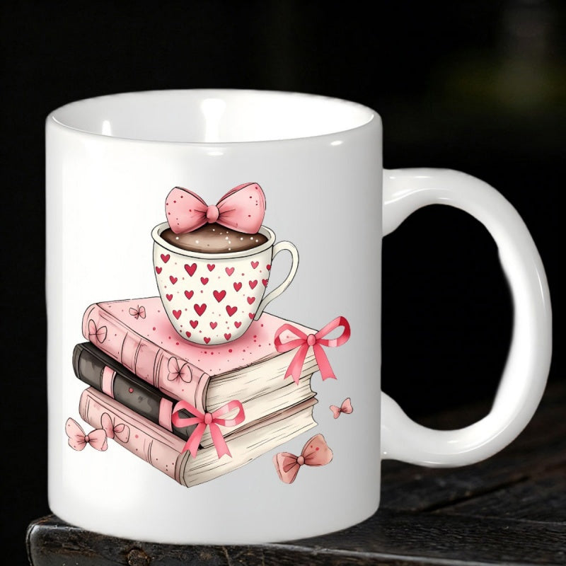 Tailorly White Ceramic 11 oz Mug - Stack Of Elegant Pink Books Featuring A Heart Patterned Coffee Cup Books