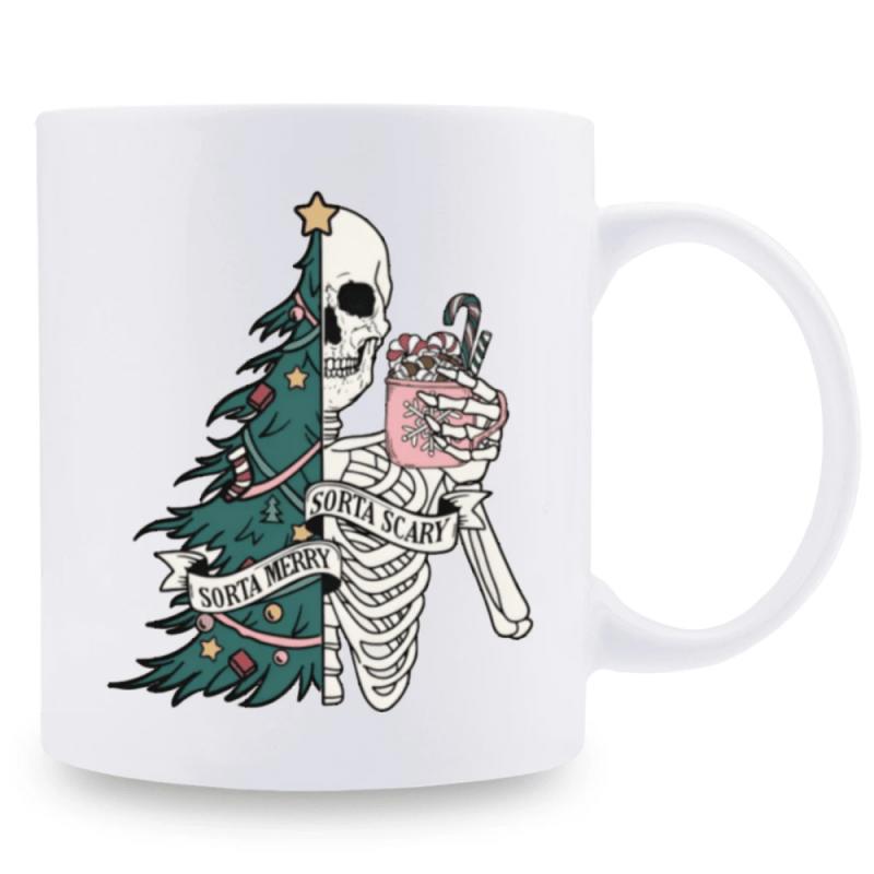 Tailorly White Ceramic 11 oz Mug - Sorta Merry Sorta Scary Half Decorated Christmas Tree Joined With A Grinning Human Anatomical Skeleton