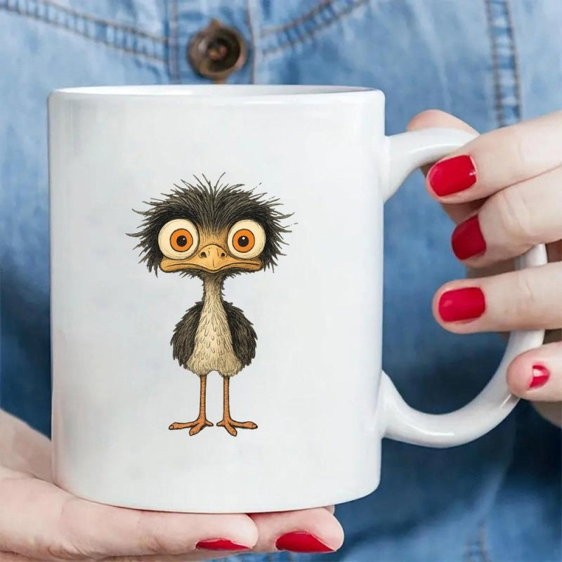 Tailorly White Ceramic 11 oz Mug - Funny Cartoon Emu With Messy Feathers And Large Expressive Eyes Ostrich