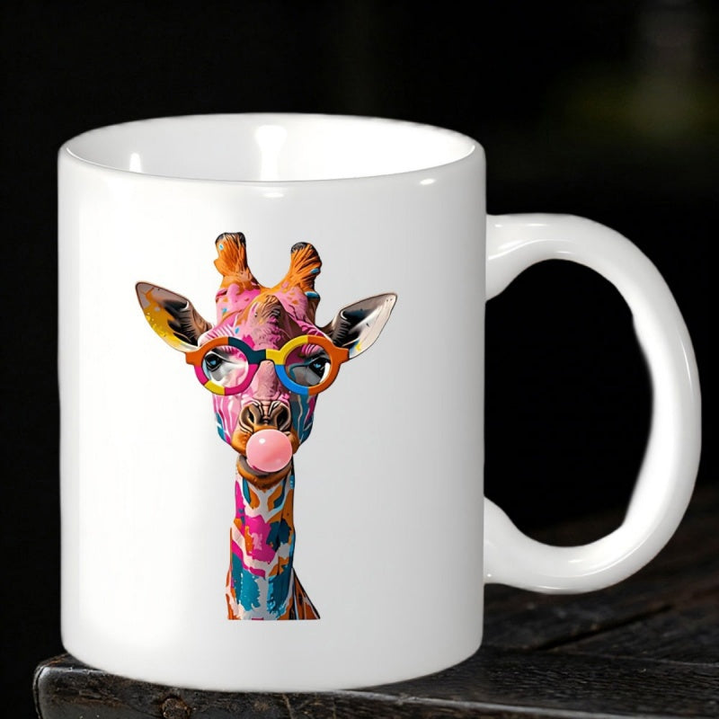 Tailorly White Ceramic 11 oz Mug - Colorful Artistic Patterned Wearing Glasses Blowing A Pink Bubble Giraffe