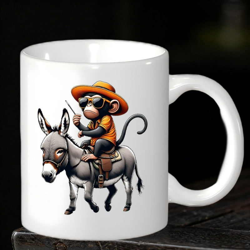 Tailorly White Ceramic 11 oz Mug - Cool Cartoon Monkey Wearing Sunglasses And Hat Riding A Majestic Grey Donkey