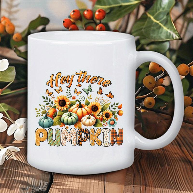 Tailorly White Ceramic 11 oz Mug - Hey There Pumpkin Rustic Harvest Display With Sunflowers And Vibrant Patterned Fall Pumpkin