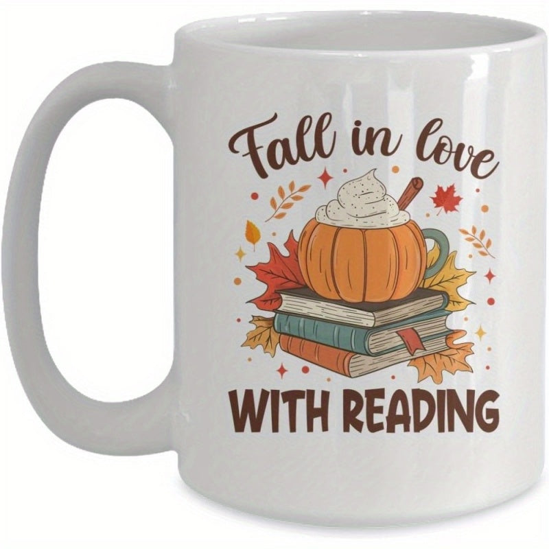 Tailorly White Ceramic 11 oz Mug - Fall In Love With Reading Cozy Autumn Leaves And Pumpkin Spice Mug Atop A Stacked Books