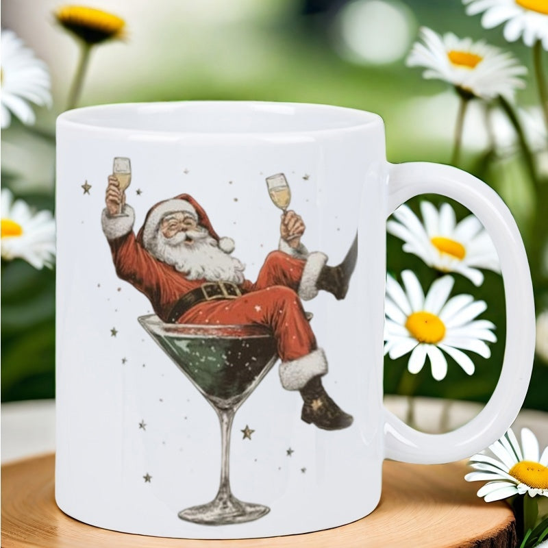 Tailorly White Ceramic 11 oz Mug - Relaxing Vintage Figure Sitting Inside A Large Martini Glass With Stars Santa Claus