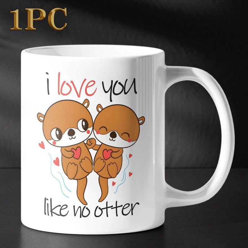 Tailorly White Ceramic 11 oz Mug - I Love You Like No Otter Two Cute Cartoon Sea Creatures Holding Paws Among Tiny Red Hearts Otter