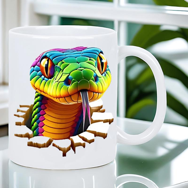 Tailorly White Ceramic 11 oz Mug - Vibrant Rainbow Colored Scales Emerging From A Cracked Stone Wall Snake