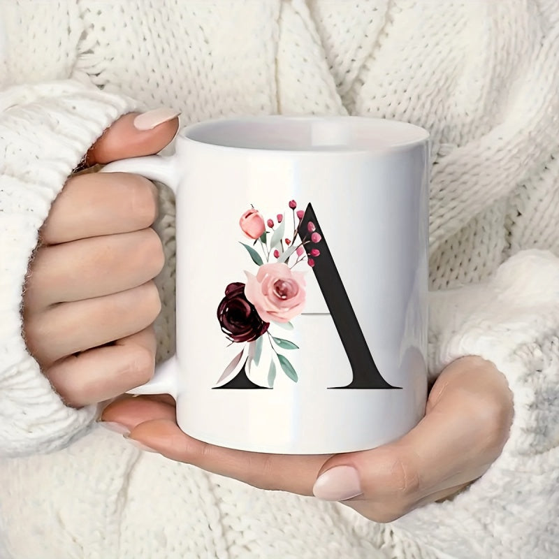 Tailorly White Ceramic 11 oz Mug - A Elegant Pink Roses And Dark Green Leaves Decorating A Black Letter A