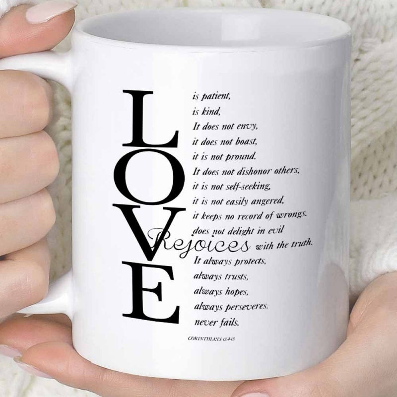 Tailorly White Ceramic 11 oz Mug - Love Rejoices Elegant Vertical Serif Lettering With Small Script Inspirational Faith Quotes Typography