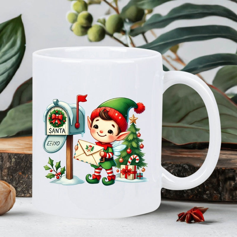 Tailorly White Ceramic 11 oz Mug - Santa Cute Christmas Elf Holding Letter Beside Festive Mailbox And Tree Elf