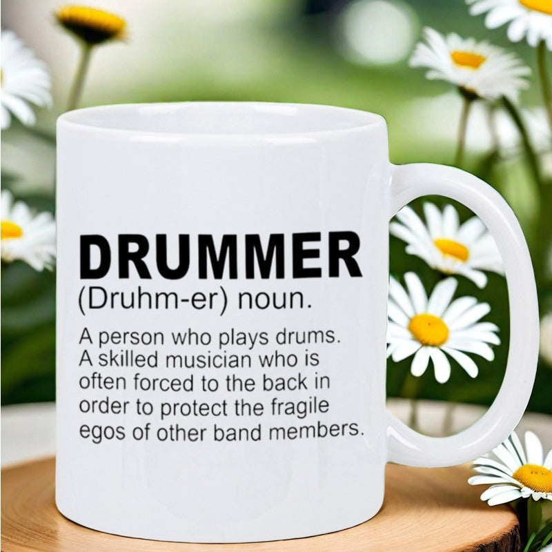 Tailorly White Ceramic 11 oz Mug - Drummer Minimalist White Ceramic Kitchenware With Bold Black Typography Text Design Mug