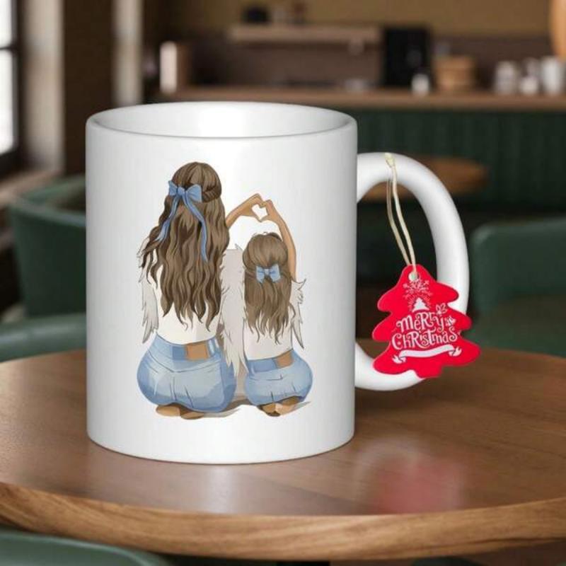 Tailorly White Ceramic 11 oz Mug - Watercolor Mother And Daughter Sharing Love With Heart Shaped Hand Gesture Illustration