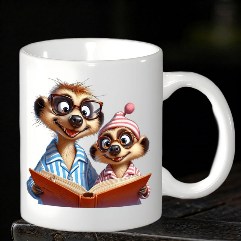 Tailorly White Ceramic 11 oz Mug - Charming Cartoon Characters Wearing Striped Pajamas Reading A Story Book Together Meerkat