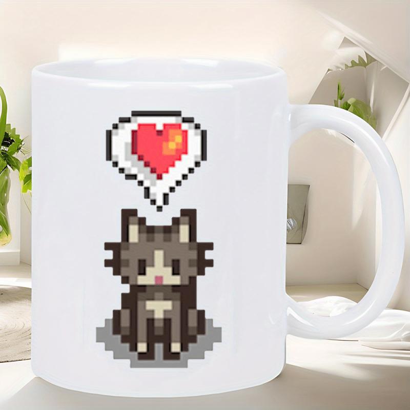 Tailorly White Ceramic 11 oz Mug - Adorable Pixelated Brown Tabby Kitten Sitting Under A Radiant Floating Heart Cat