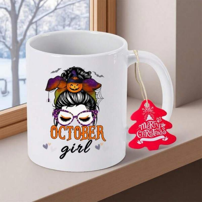 Tailorly White Ceramic 11 oz Mug - October Girl Festive Messy Bun Featuring Pumpkin And Bat With Stylish Glasses Girl