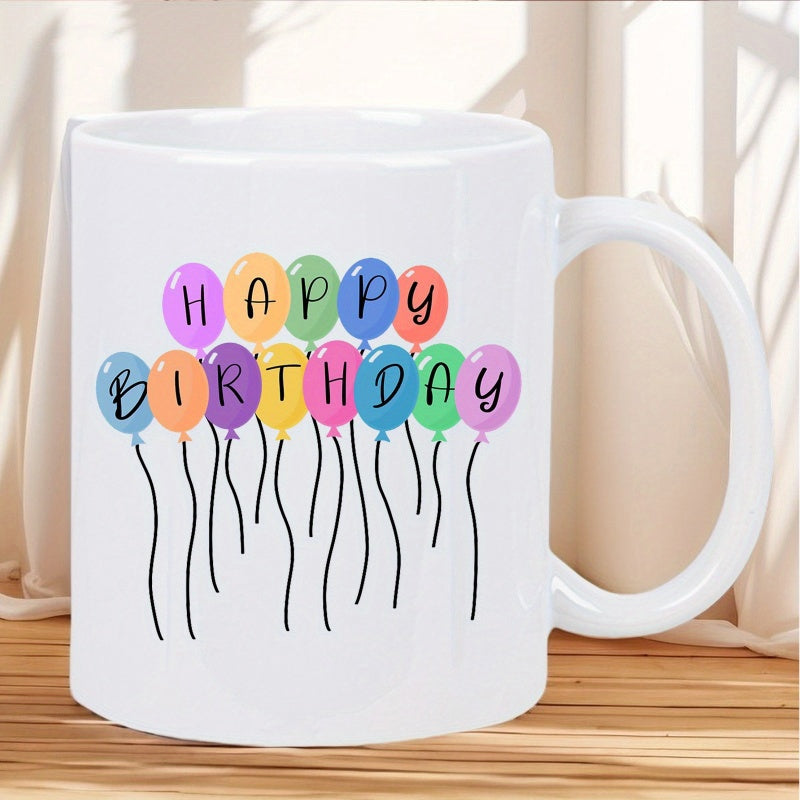 Tailorly White Ceramic 11 oz Mug - Happy Birthday Vibrant Festive Balloons Floating Elegantly With Long Black Strings Mug