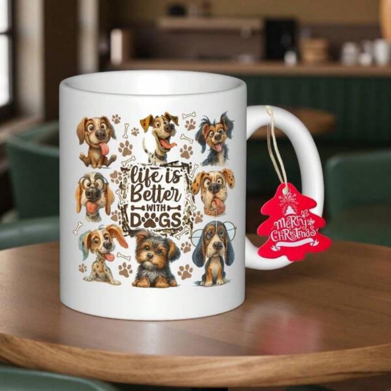 Tailorly White Ceramic 11 oz Mug - Life Is Better With Dogs Adorable Cartoon Puppies Gathering Around Sentimental Heartfelt Quote Dog
