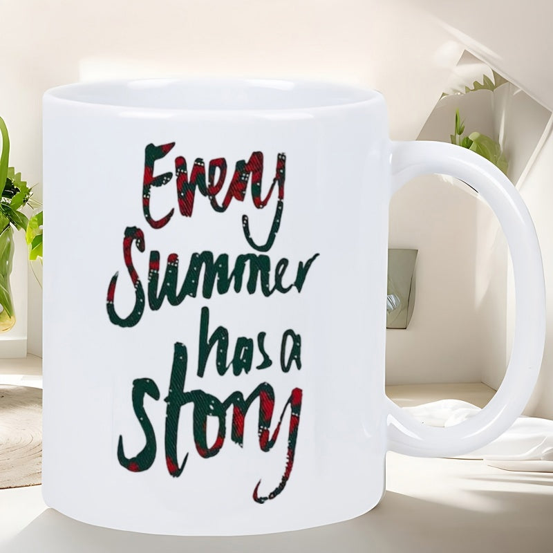 Tailorly White Ceramic 11 oz Mug - Every Summer Has A Story Handwritten Artistic Letters With Plaid Texture Patterns On Ceramic Mug