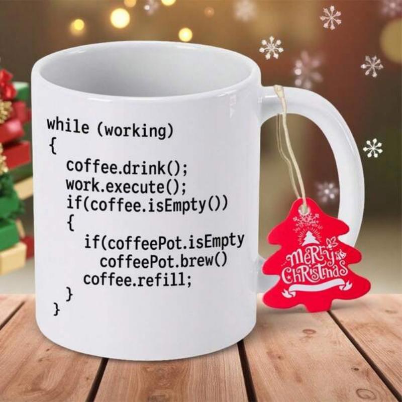 Tailorly White Ceramic 11 oz Mug - While Working Coffee Drink Work Execute Ceramic White Surface Featuring Programmer Code Under Warm Holiday Atmosphere Radiant