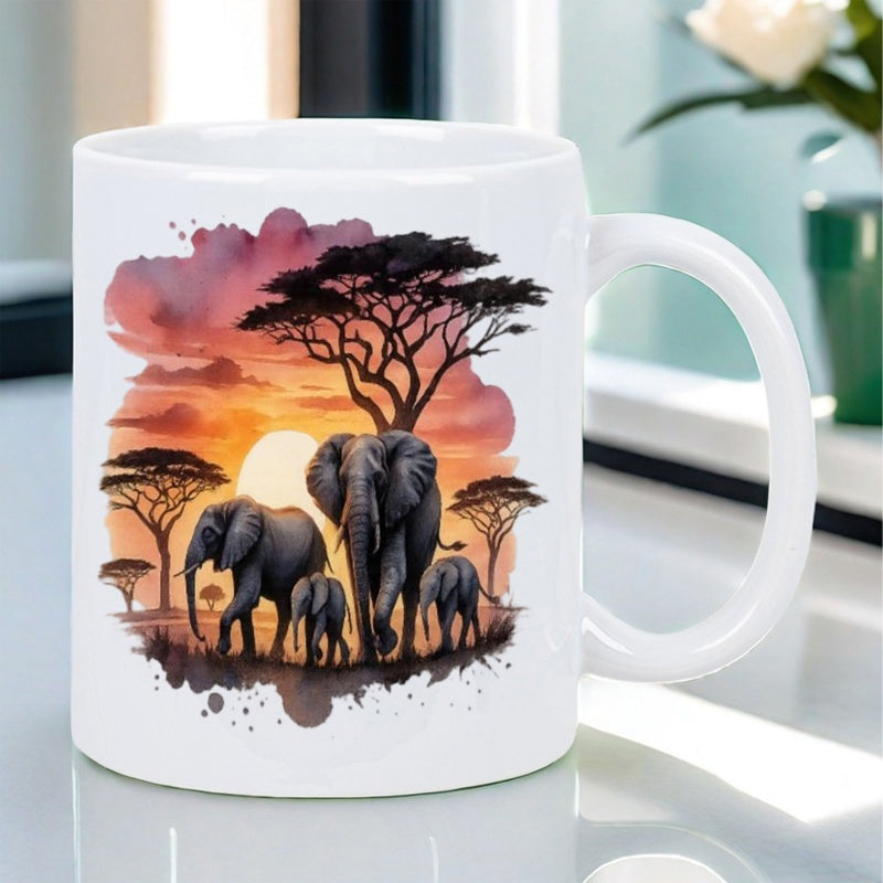 Tailorly White Ceramic 11 oz Mug - Watercolor Sunset Savanna Scene With Majestic Acacia Trees And Walking Family Elephant