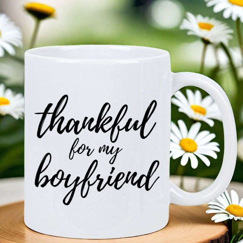 Tailorly White Ceramic 11 oz Mug - Thankful For My Boyfriend Elegant Minimalist Script Surrounded By Blooming White Petals Garden Mug