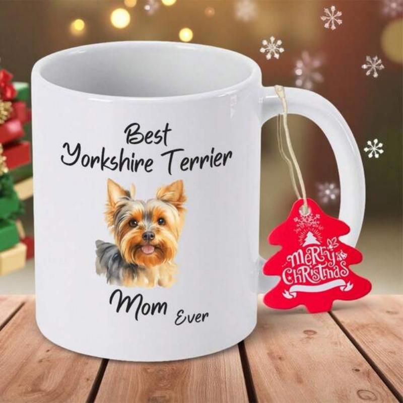 Tailorly White Ceramic 11 oz Mug - Best Yorkshire Terrier Mom Ever Realistic Portrait Of A Fluffy Puppy Sitting Calmly In Center Yorkshire Terrier