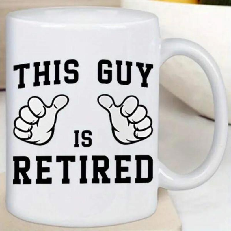 Tailorly White Ceramic 11 oz Mug - This Guy Is Retired Simple Black Outlined Cartoon Hands Pointing Inwards Toward Center Hand