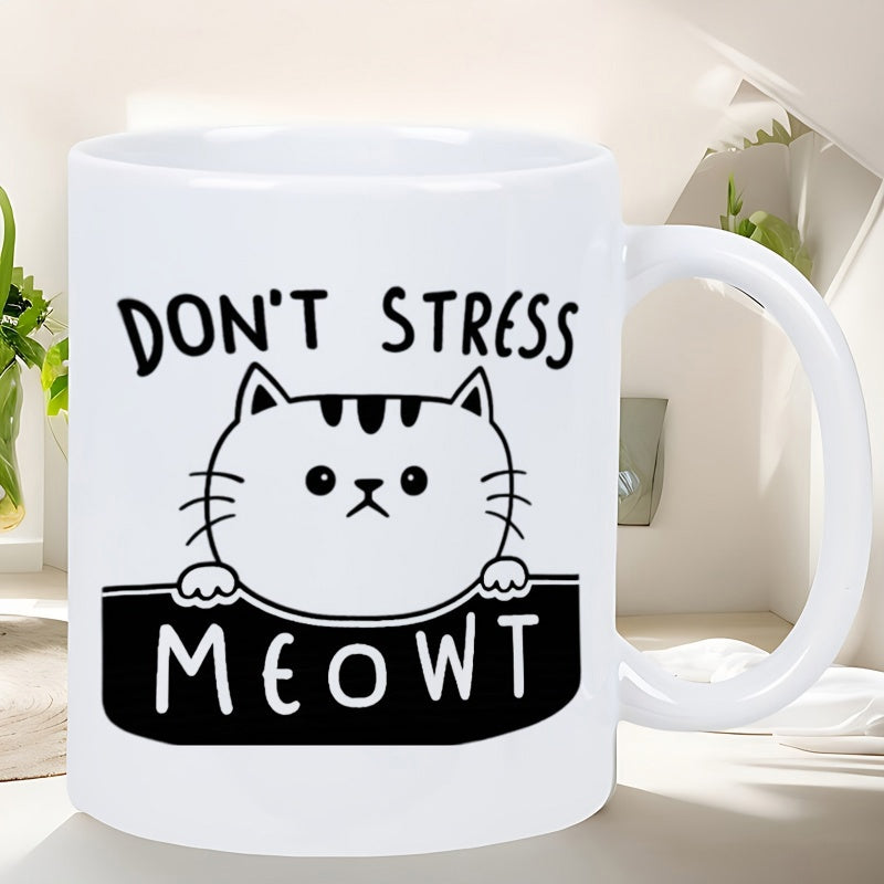 Tailorly White Ceramic 11 oz Mug - Don't Stress Meowt Adorable Peeking Feline With Round Eyes Above A Solid Black Bar Cat