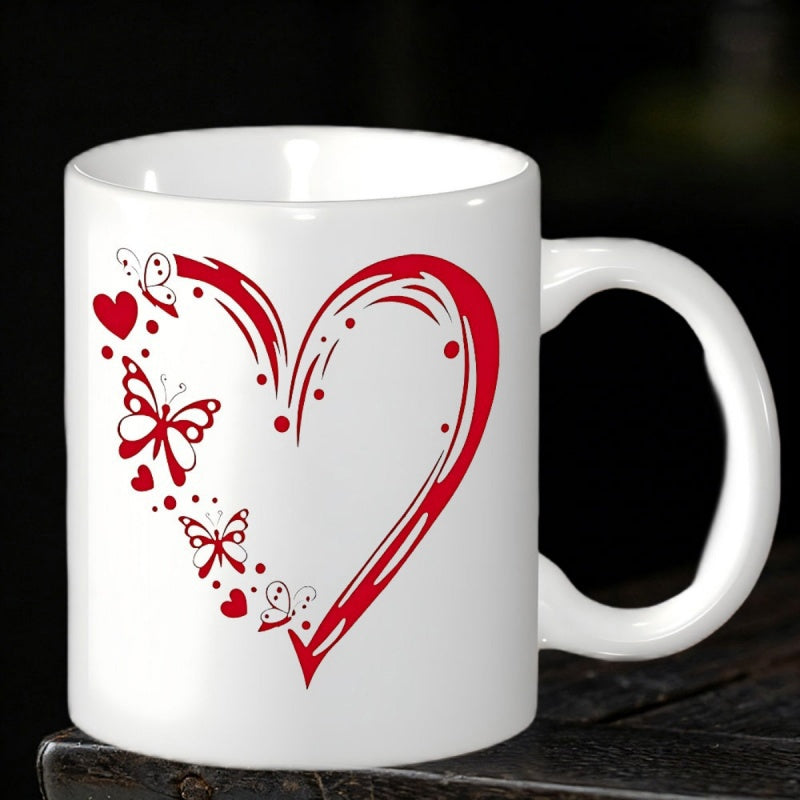 Tailorly White Ceramic 11 oz Mug - Artistic Red Brushstroke Design Featuring Elegant Flying Butterflies And Small Hearts Heart