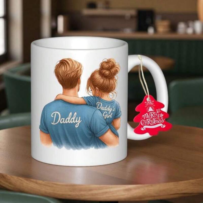 Tailorly White Ceramic 11 oz Mug - Daddy Daddys Girl Man Holding Little Girl Wearing Matching Blue Shirts Father