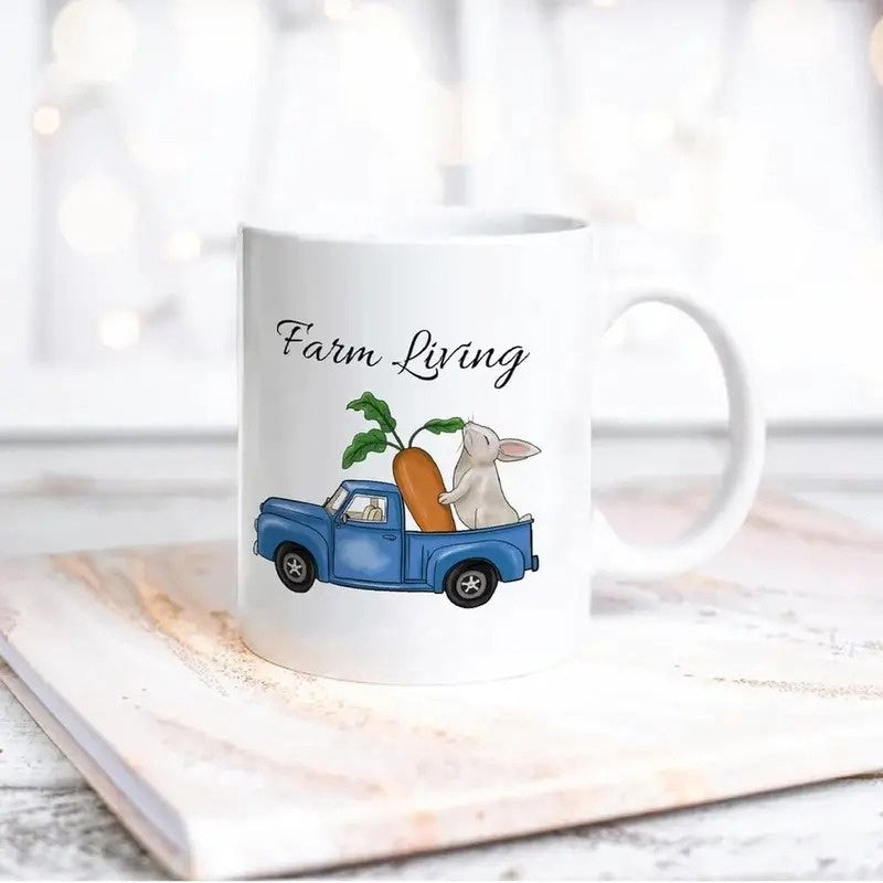 Tailorly White Ceramic 11 oz Mug - Farm Living Vintage Blue Pickup Truck Carrying Giant Carrot With Cute Fluffy White Truck