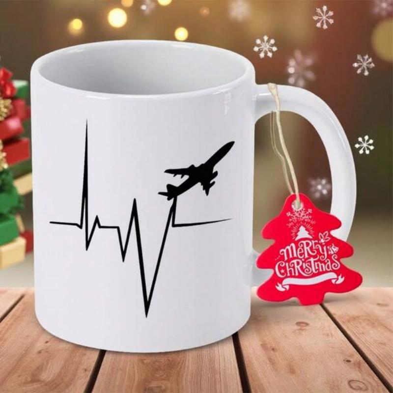 Tailorly White Ceramic 11 oz Mug - Merry Christmas Minimalist Black Heartbeat Line Representing Passion For Travel And Aviation Airplane