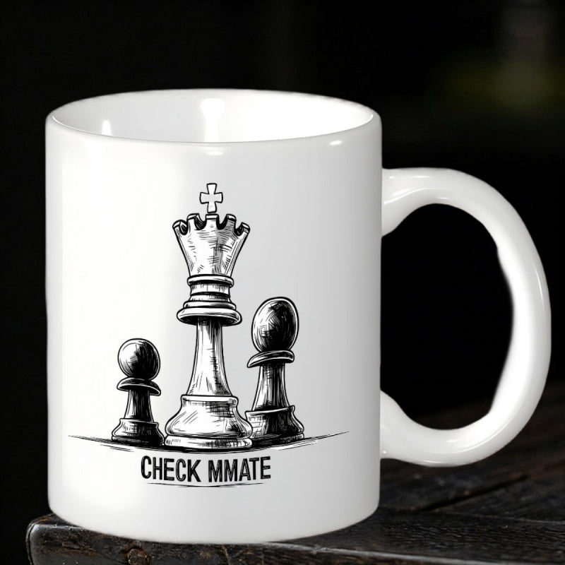 Tailorly White Ceramic 11 oz Mug - Check Mmate Detailed Monochrome Sketch Of King And Pawn Pieces Standing Together Chess
