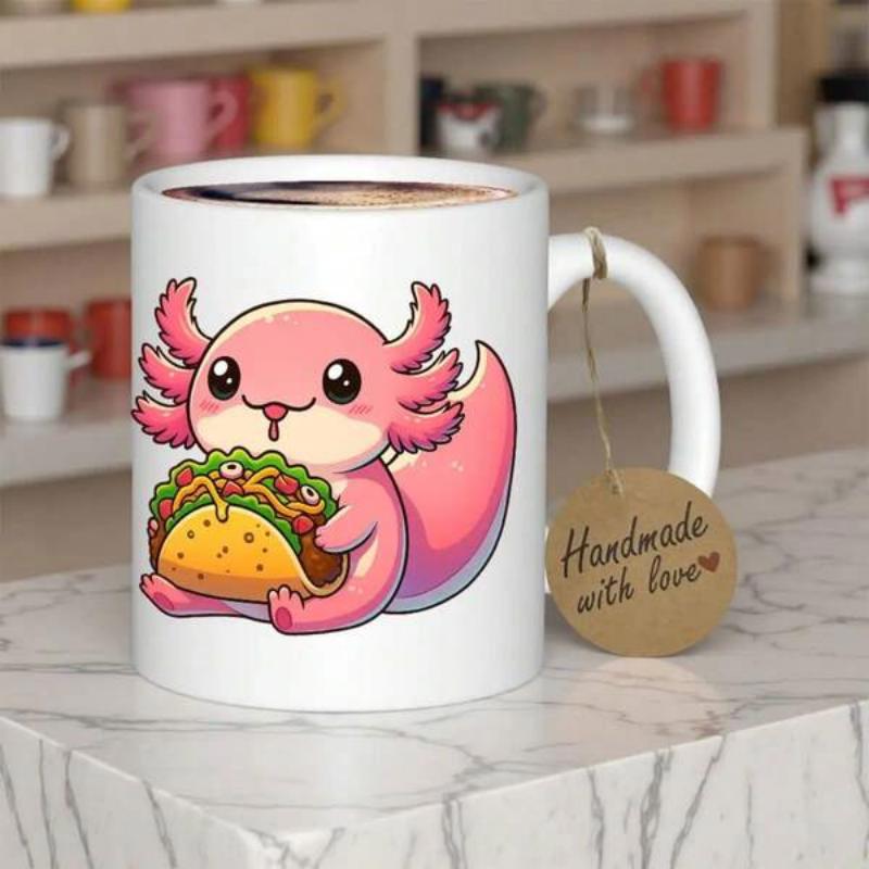 Tailorly White Ceramic 11 oz Mug - Handmade With Love Adorable Pink Cartoon Creature Holding A Delicious Crunchy Mexican Taco Axolotl