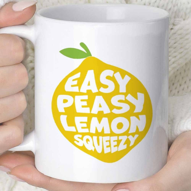 Tailorly White Ceramic 11 oz Mug - Easy Peasy Lemon Squeezy Bright Yellow Fruit Illustration Featuring Green Leaves And Playful Hand Drawn Lettering Lemon