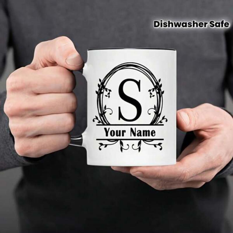 Tailorly White Ceramic 11 oz Mug - Your Name Elegant Black Floral Wreath With Vine Details Surrounding A Letter Monogram