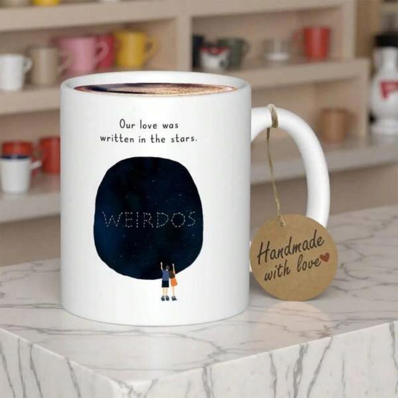 Tailorly White Ceramic 11 oz Mug - Our Love Was Written In The Stars Weirdos Romantic Couple Standing Under Large Dark Circular Starry Night Sky Scene Mug