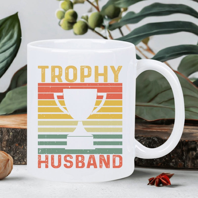 Tailorly White Ceramic 11 oz Mug - Trophy Husband Vintage Retro Style Horizontal Striped Sunset With Silhouette Design Trophy