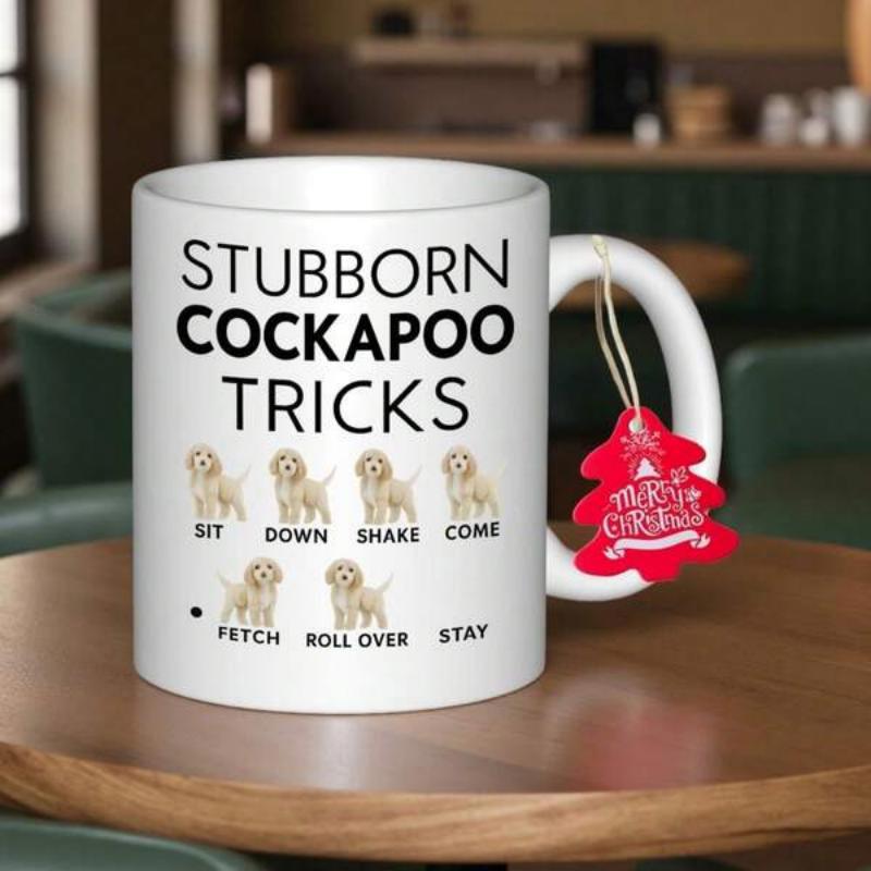 Tailorly White Ceramic 11 oz Mug - Stubborn Cockapoo Tricks Sit Down Shake Come Fetch Roll Over Stay A Merry Christmas Six Identical Cute Puppies Arranged In Two