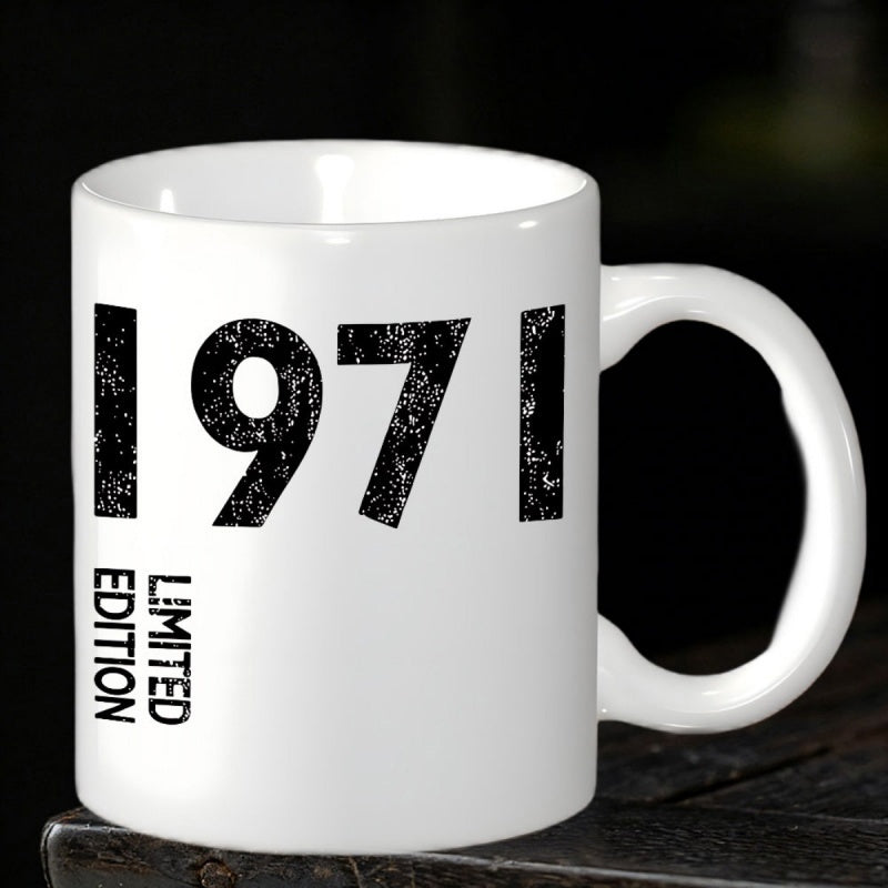 Tailorly White Ceramic 11 oz Mug - 1971 Limited Edition Distressed Black Textured Numeric Print On A Minimalist