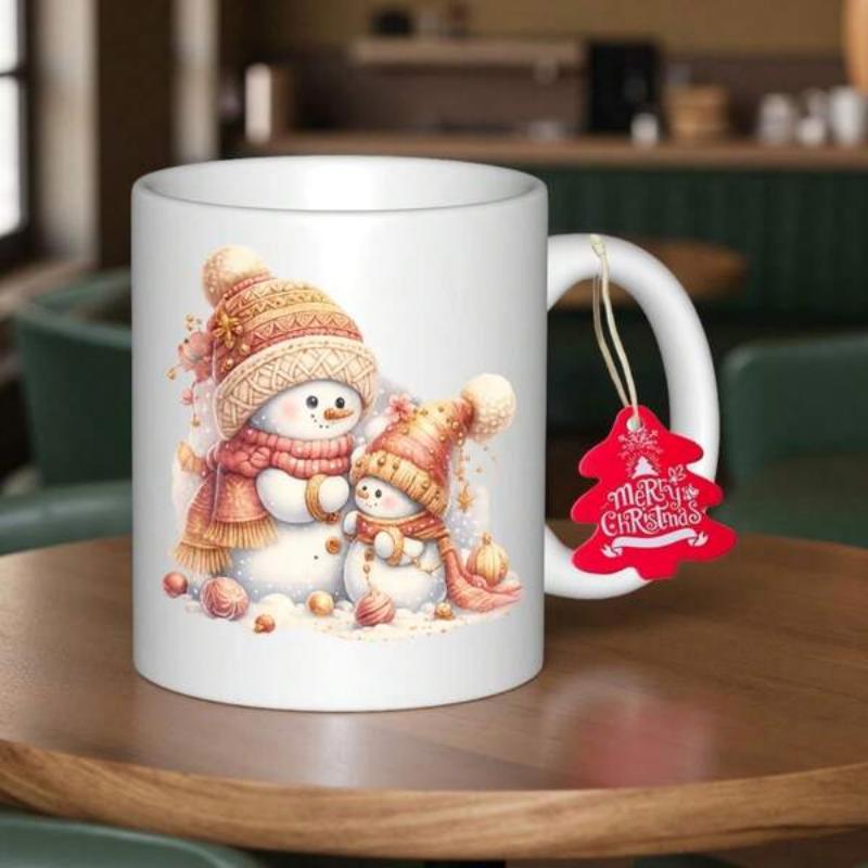 Tailorly White Ceramic 11 oz Mug - Merry Christmas Adorable Winter Scene With Two Hand Drawn Characters Wearing Knitted Hats Snowman