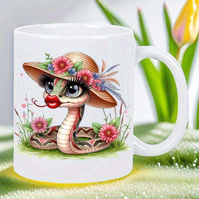 Tailorly White Ceramic 11 oz Mug - Charming Cute Cartoon Snake Wearing Straw Hat With Pink Summer Flowers Snake