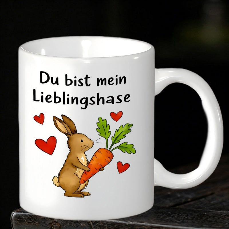 Tailorly White Ceramic 11 oz Mug - Cute Brown Bunny Holding Large Orange Carrot Surrounded By Floating Hearts Rabbit