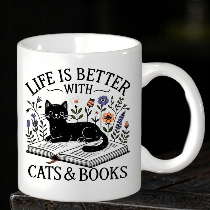 Tailorly White Ceramic 11 oz Mug - Life Is Better With Cats Books Serene Black Cat Resting On Open Book Among Garden Wildflowers Cat